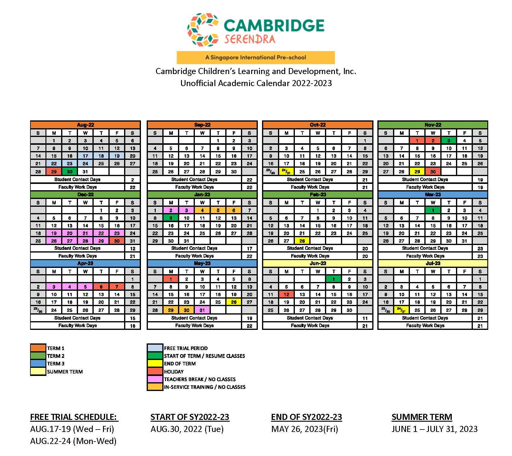 Cambridge Serendra Academic Calendar SY2022-2023
