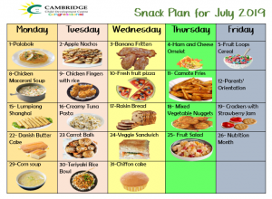 Snack Plan for July 2019 - Cambridge Child Development Centre ...