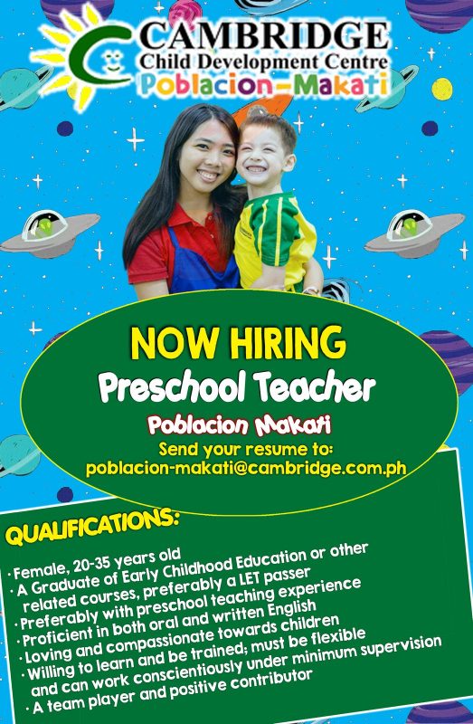 Cambridge Poblacion Job Opening Preschool Teacher